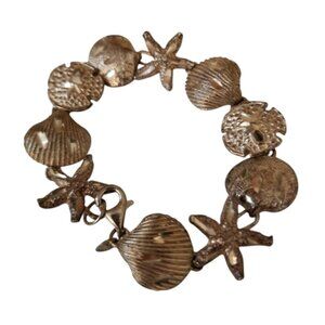 Vtg Silver 925 Signed Ocean Marine Life Bracelet Seashell Starfish Sand Dollar